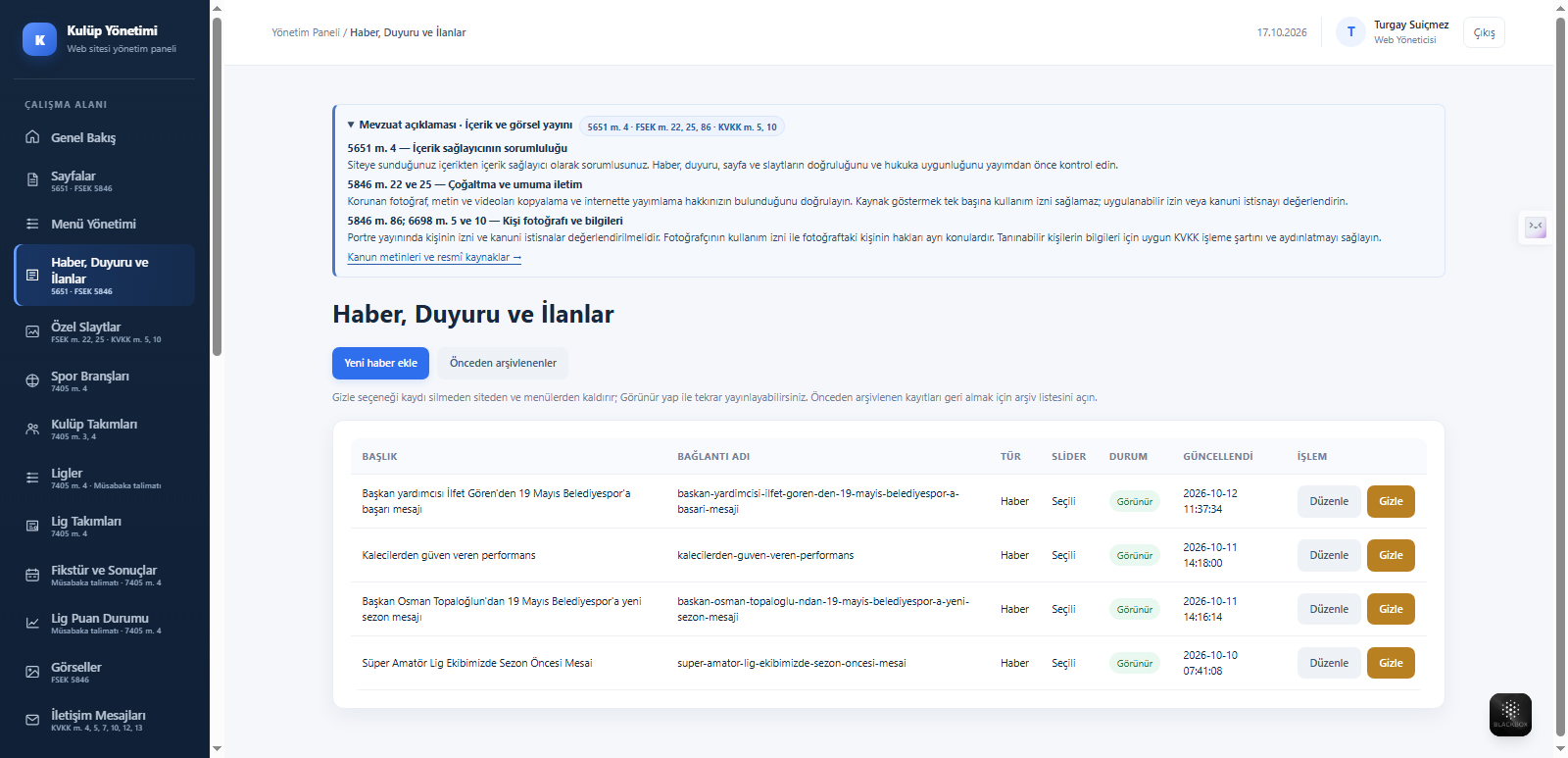 Spor Kulübü Yönetimi ve Web Sitesi